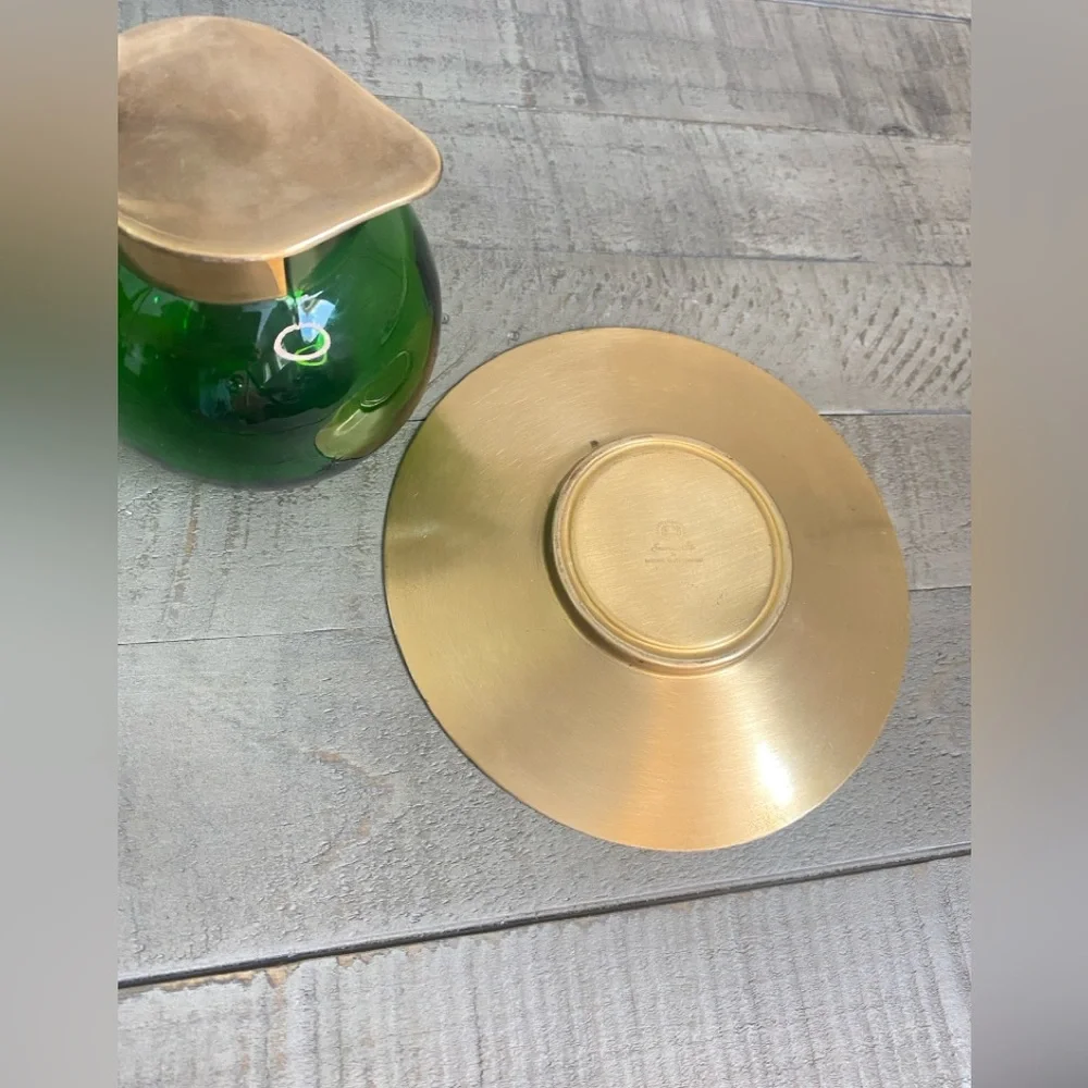 Vintage Emerald Glo Star Cut Green Glass Brass Pitcher Saucer National SilverCo